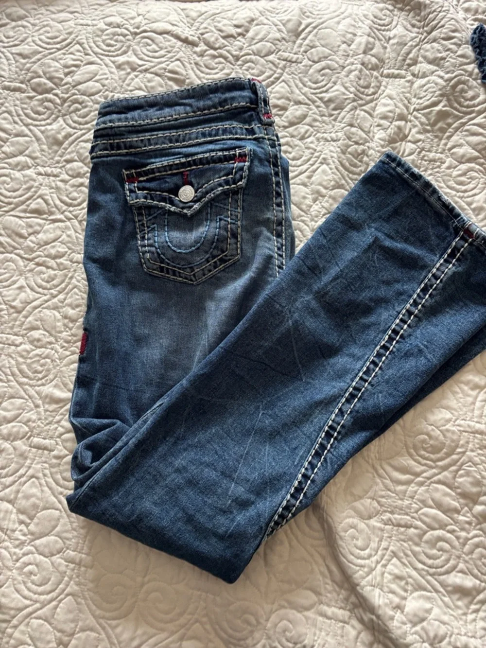True Religion Dark Blue Flared Jeans with Contrast Stitching - Picture 5 of 8